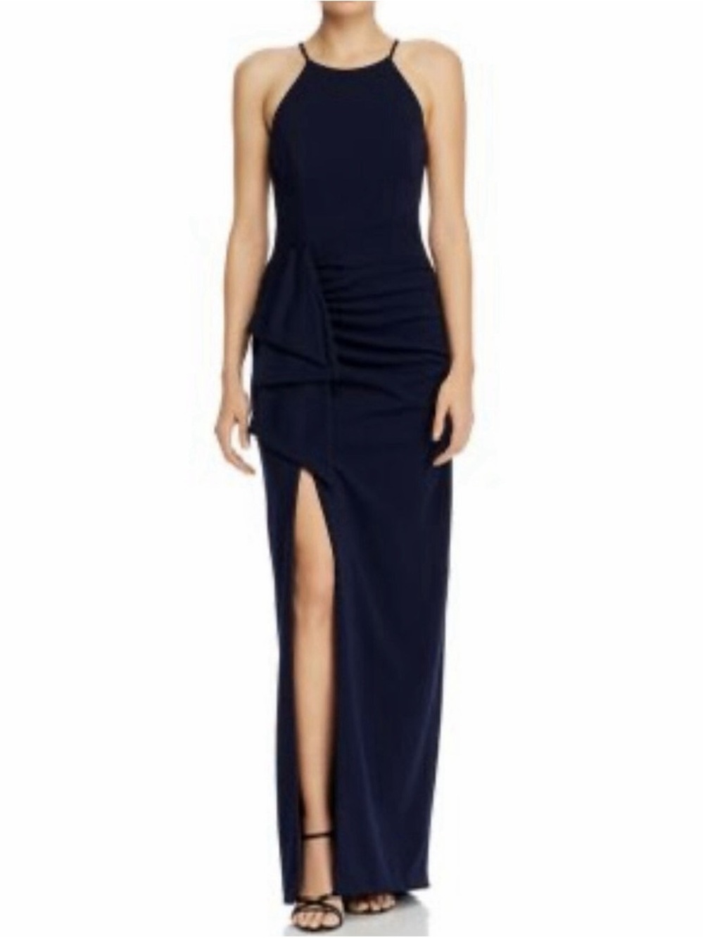 Aqua cascading ruffle slit gown in Navy